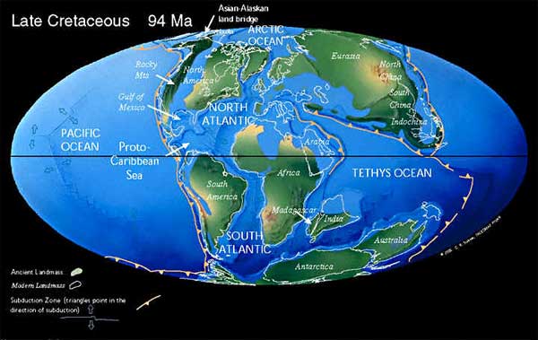 Die Weltkarte vor 94 Millionen Jahren nach der Zeitskala der Plattentektonik
